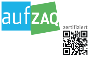 Logo mit Schriftzug aufzaq in den Farben weiß, blau, grün. Mit QR Code, der zur Website führt.